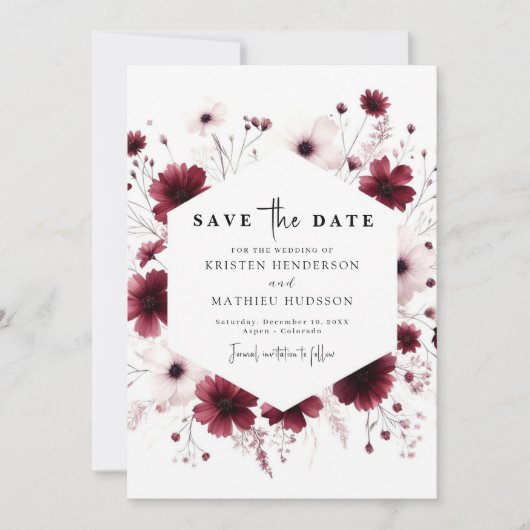 Chic Romantische Bourgondische bruiloft Save The Date (Voorkant)