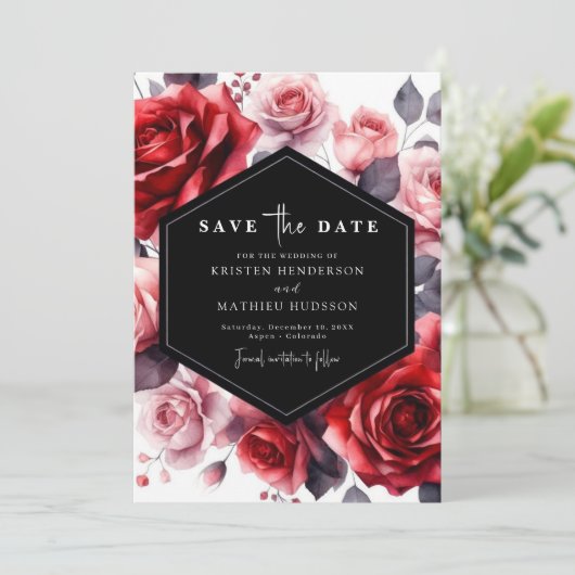 Chic Romantische Crimson Red Wedding Save The Date (Staand voorkant)