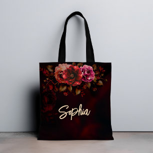 Chic romantische moody rood zwarte bloemen bruilof tote bag