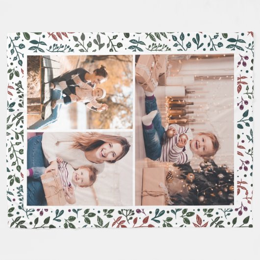 Chic rood en groen vakantie botanische foto collag fleece deken (Voorkant (Horizontaal))