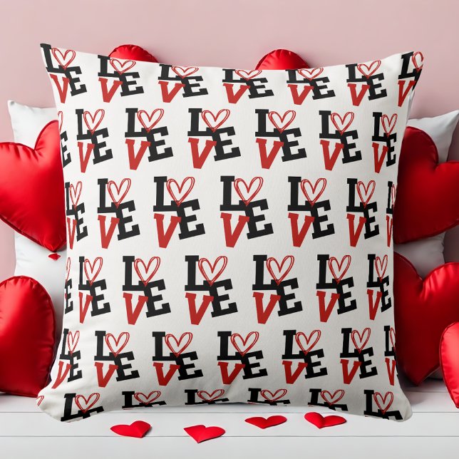 Chic Rood en Zwart Romantisch Patroon Liefde Ontwe Kussen (Chic Red and Black Romantic Pattern Love Design Throw Pillow)