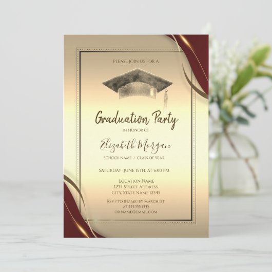 Chic Rood Lijst, Afstudeerdop Goud Afstuderen Kaart (Staand voorkant)