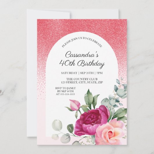 Chic Roos Bloemen Rode Glitter Verjaardag Kaart (Voorkant)