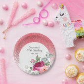 Chic Roos Bloemen Rode Glitter Verjaardag Papieren Bordje (Feest)