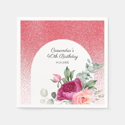 Chic Roos Bloemen Rode Glitter Verjaardag Servet (Voorkant)