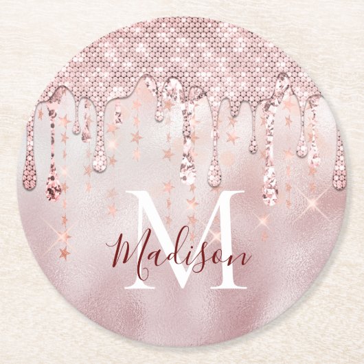 Chic roos blush gold glitter dripping monogram pap ronde kartonnen onderzetter (Voorkant)