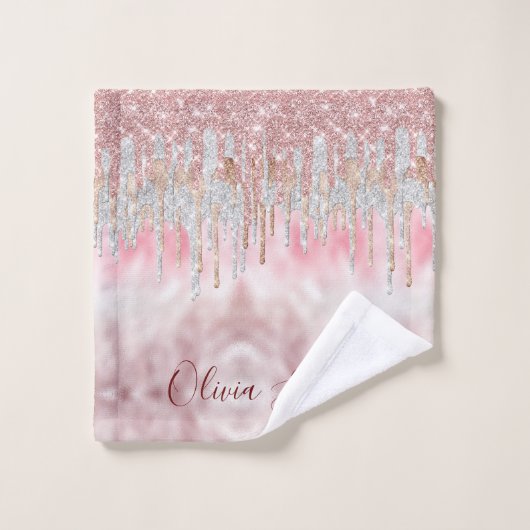 Chic roos blush gold glitter druppelt monogram bad handdoek (Wasdoekje)