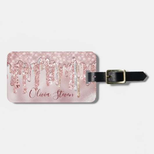 Chic roos blush gold glitter druppelt monogram bagagelabel (Voorkant horizontaal)