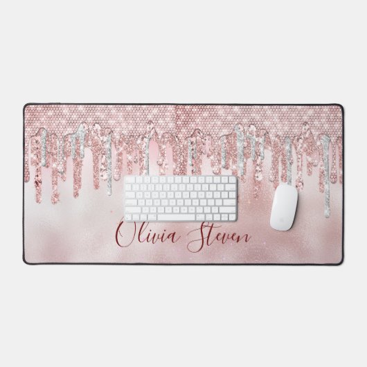 Chic roos blush gold glitter druppelt monogram bureaumat (Keyboard & Muis)