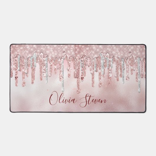 Chic roos blush gold glitter druppelt monogram bureaumat (Voorkant)