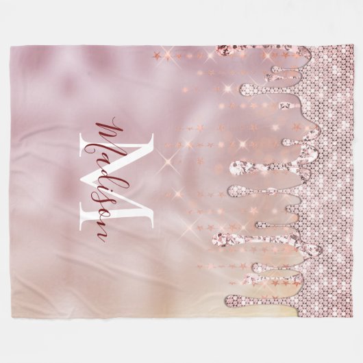 Chic roos blush gold glitter druppelt monogram fleece deken (Voorkant (Horizontaal))