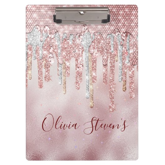 Chic roos blush gold glitter druppelt monogram klembord (Voorkant)