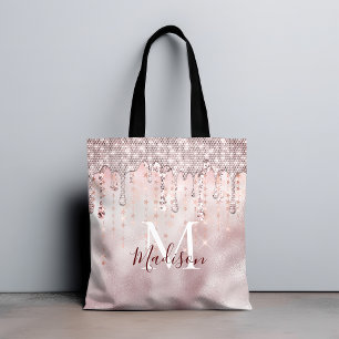 Chic roos blush gouden glitter dripping monogram tote bag