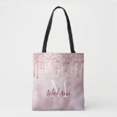 Chic roos blush gouden glitter dripping monogram tote bag (Voorkant)