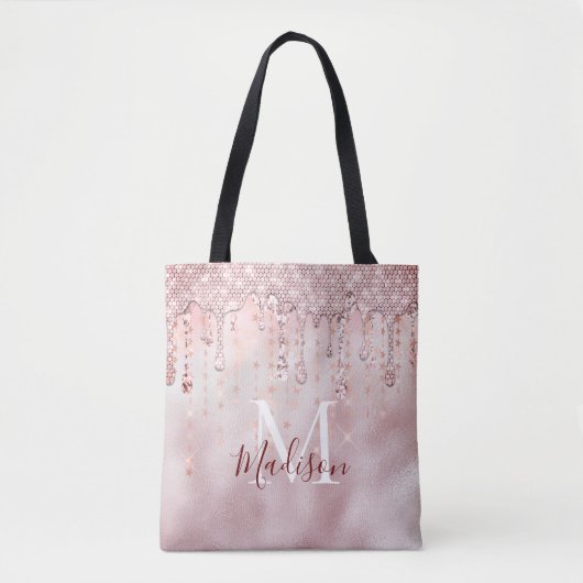 Chic roos blush gouden glitter dripping monogram tote bag (Voorkant)