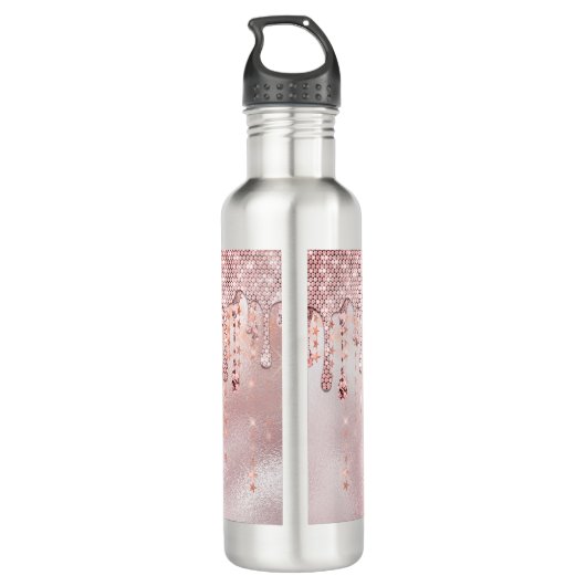 Chic roos blush gouden glitter dripping monogram waterfles (Achterkant)