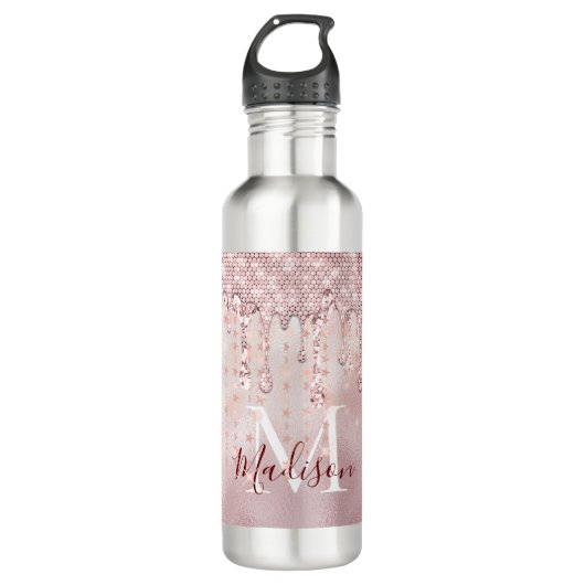 Chic roos blush gouden glitter dripping monogram waterfles  (Voorkant)