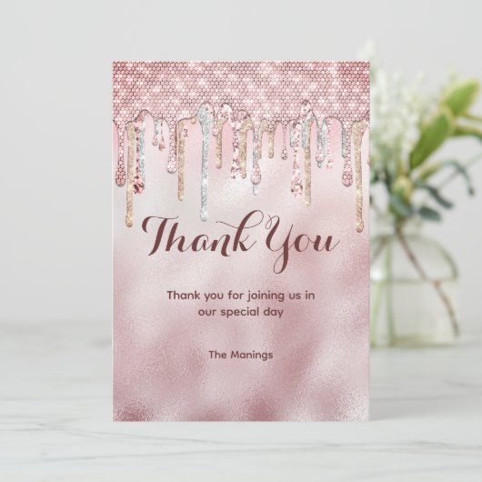Chic roos blush gouden glitter druppels dank u kaart (Staand voorkant)