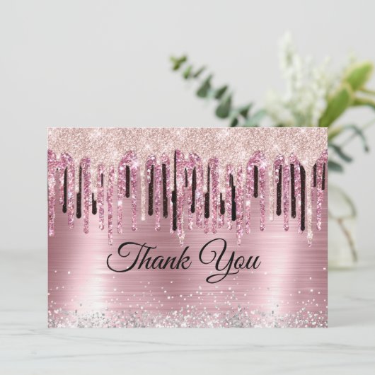 Chic roos blush holografisch monogram bedankkaart (Staand voorkant)