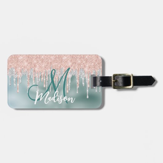 Chic roos blush mint dripping monogram bagagelabel (Voorkant horizontaal)