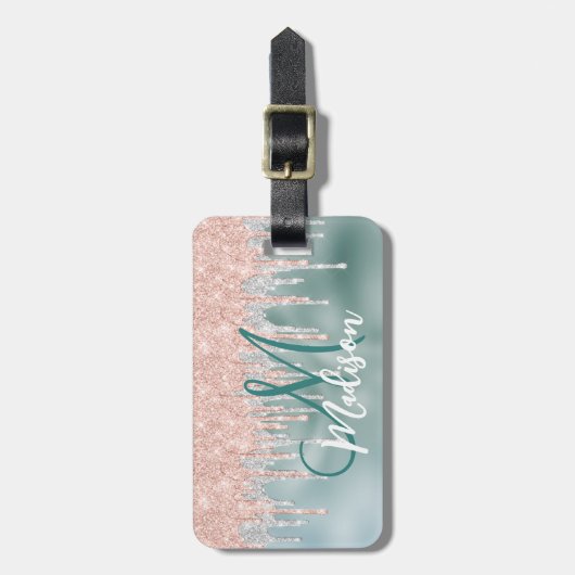Chic roos blush mint dripping monogram bagagelabel (Voorkant verticaal)