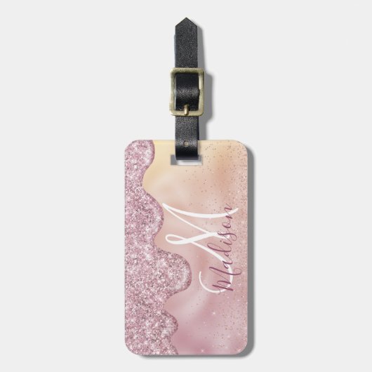 Chic roos blush ombre roze druppelmonogram bagagelabel (Voorkant verticaal)
