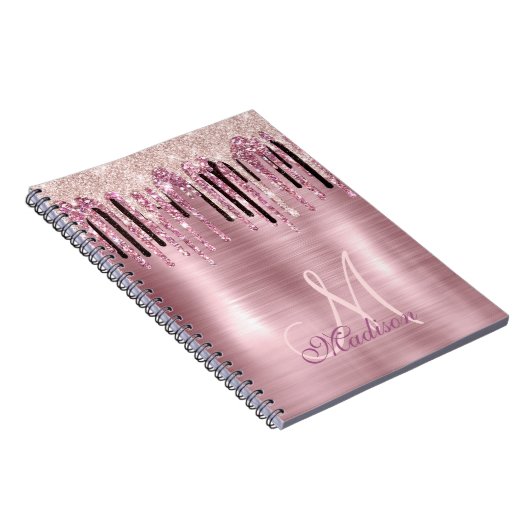 Chic roos blush roze druppelmonogram notitieboek (Rechterzijde)