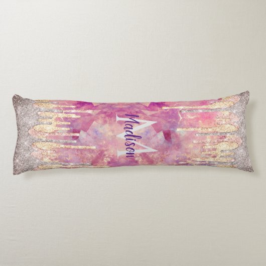 Chic roos blush roze glitter druppelt monogram lichaamskussen (Achterkant)