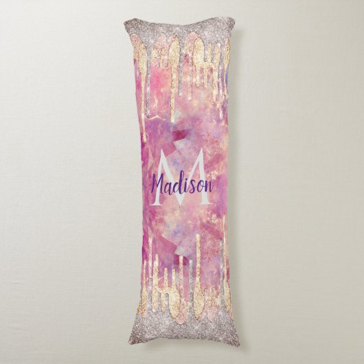 Chic roos blush roze glitter druppelt monogram lichaamskussen (Voorkant Verticaal)