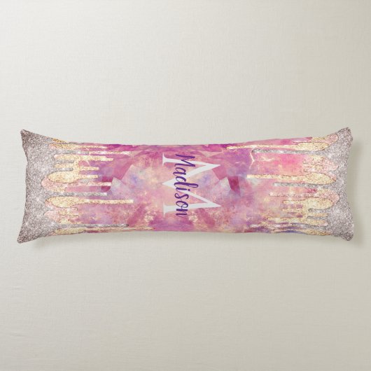 Chic roos blush roze glitter druppelt monogram lichaamskussen (Voorkant)