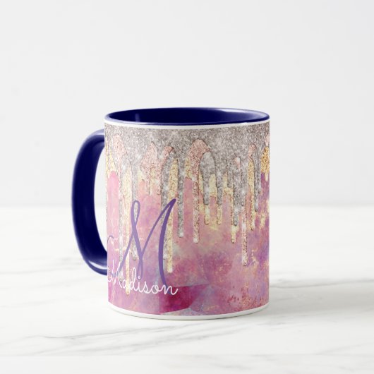 Chic roos blush roze glitter druppelt monogram mok (Voorkant links)