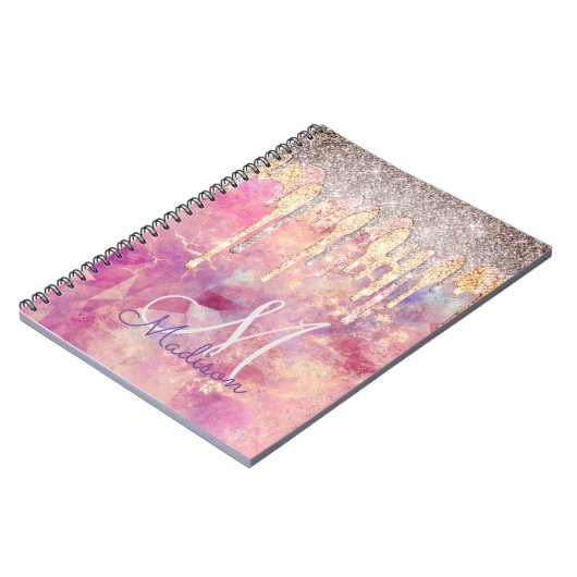 Chic roos blush roze glitter druppelt monogram notitieboek (Linkerzijde)