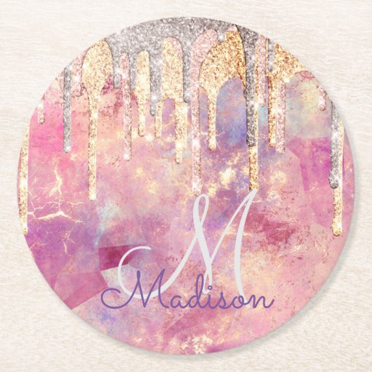 Chic roos blush roze glitter druppelt monogram vie ronde kartonnen onderzetter (Voorkant)