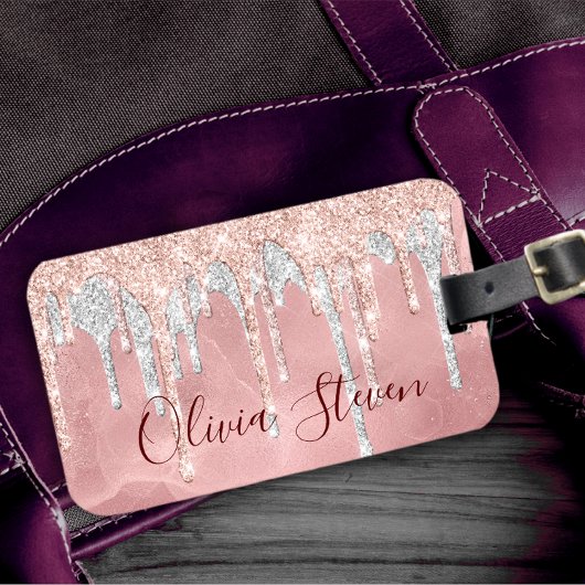 Chic roos blush Silver dripping monogram Bagagelabel