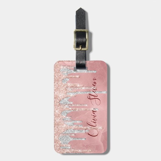 Chic roos blush Silver dripping monogram Bagagelabel (Voorkant verticaal)