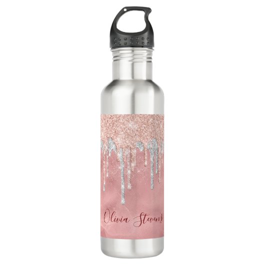Chic roos blush Silver dripping monogram Waterfles (Voorkant)