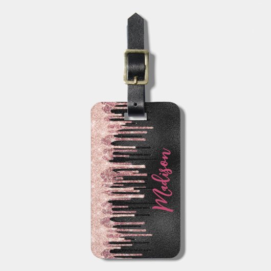 Chic roos blush zwart druppelmonogram bagagelabel (Voorkant verticaal)