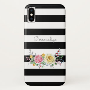 Chic Roos Floral Trendy Black Stripes and Name Case-Mate iPhone Case