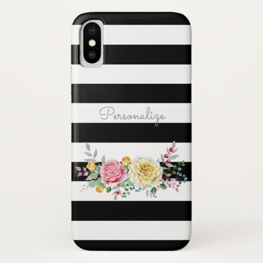 Chic Roos Floral Trendy Black Stripes and Name Case-Mate iPhone Case (Achterkant)