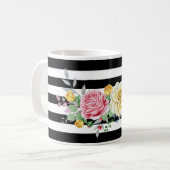 Chic Roos Floral Trendy Black Stripes and Name Koffiemok (Voorkant links)