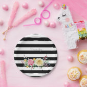 Chic Roos Floral Trendy Black Stripes and Name Papieren Bordje (Feest)