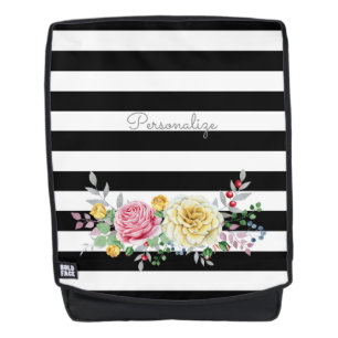 Chic Roos Floral Trendy Black Stripes and Name Rugtassen
