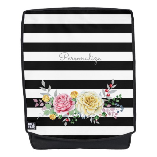 Chic Roos Floral Trendy Black Stripes and Name Rugtassen (Voorkant)