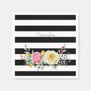 Chic Roos Floral Trendy Black Stripes and Name Servetten