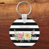 Chic Roos Floral Trendy Black Stripes and Name Sleutelhanger (Voorkant)