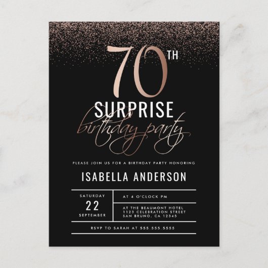 Chic Roos Gold 70e verrassingsverjaardagsfeestje Uitnodiging Briefkaart (Voorkant)