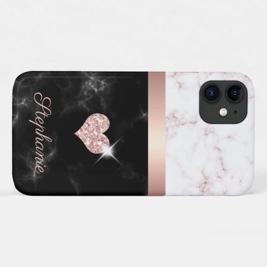 Chic Roos Gold Black Marble Glitter Heart Name Case-Mate iPhone Case (Achterkant (horizontaal))