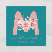 Chic Roos Gold Blauwgroen Florence Waterverf Monog Vierkante Visitekaartje (Voorkant)