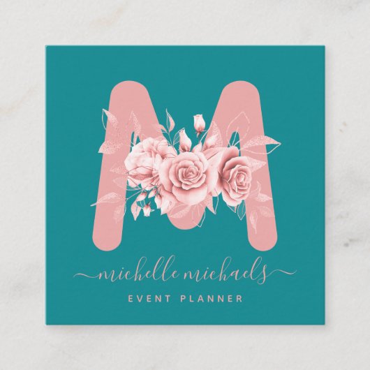 Chic Roos Gold Blauwgroen Florence Waterverf Monog Vierkante Visitekaartje (Voorkant)