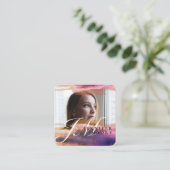 Chic Roos Gold Blue Waterverf Monogram Foto Vierkante Visitekaartje (Staand voorkant)